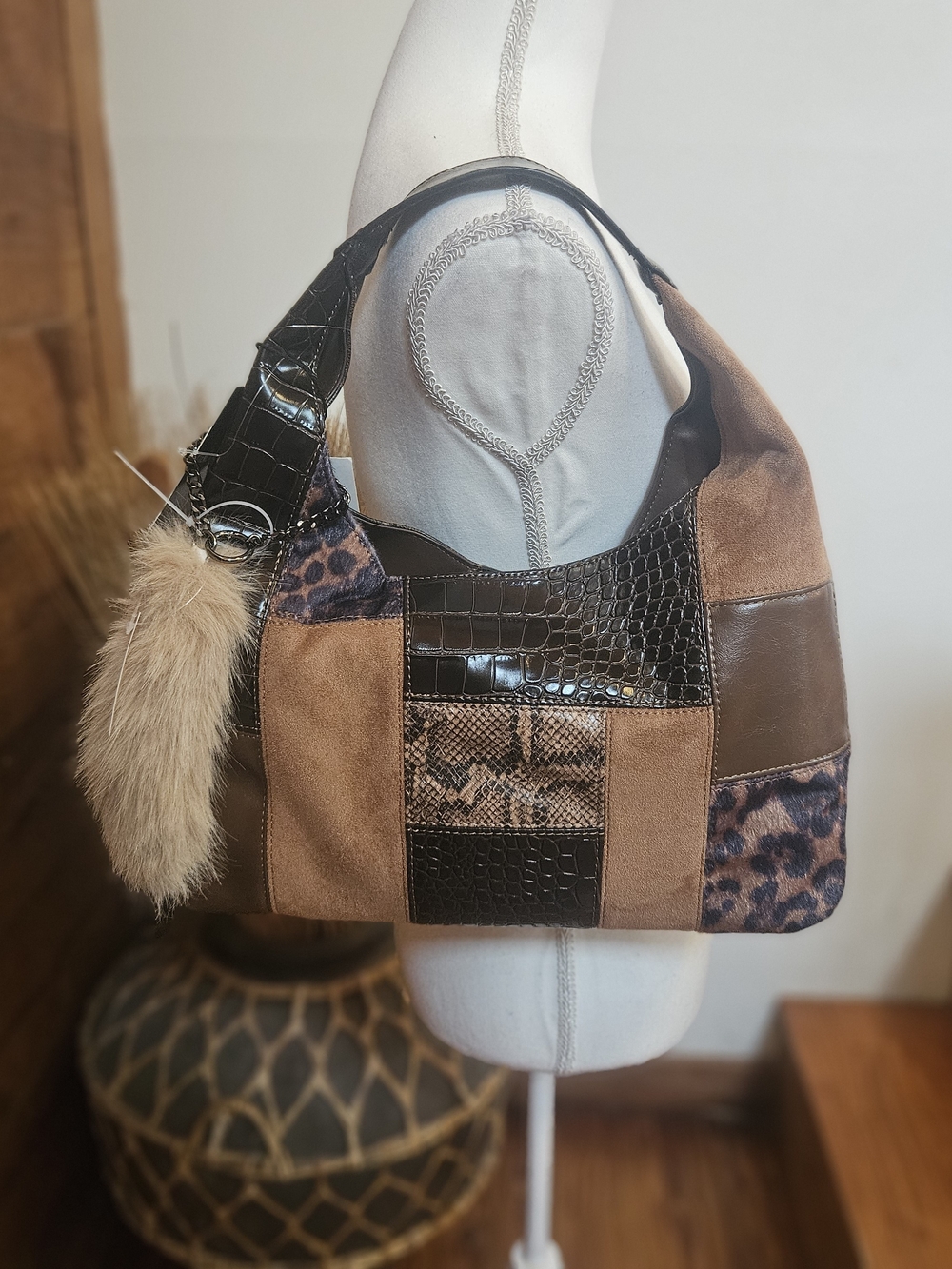 Steve Madden Brown Patchwork Shoulder Bag with Faux Fur Charm